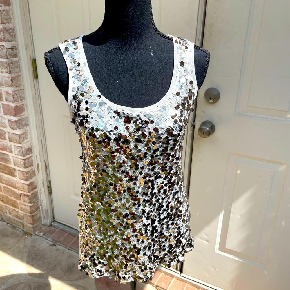 White House Black Market, Silver & Gold Sequins, Tank Top, Size M